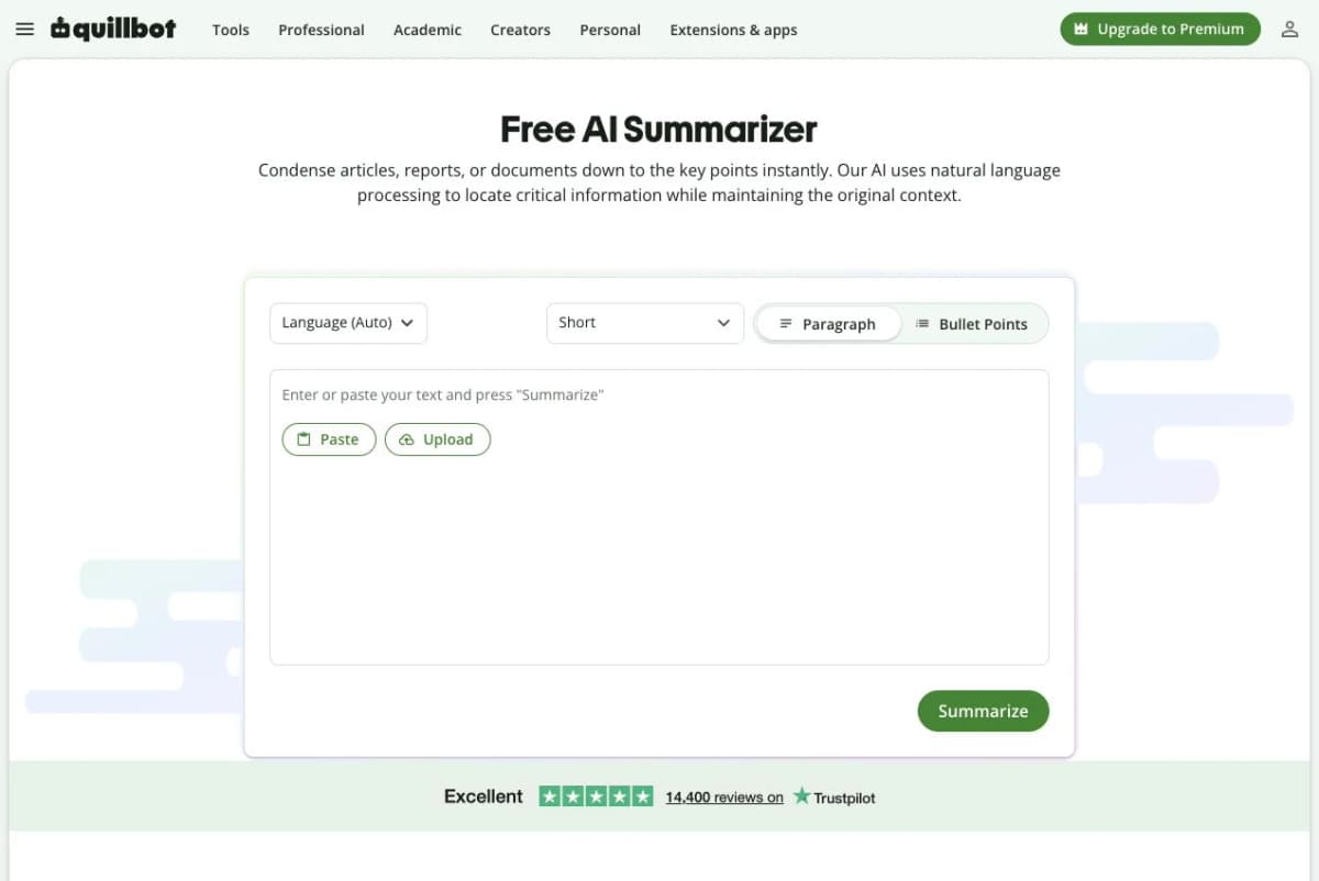 QuillBot Summarizer blank editor with language, length, paragraph or bullet options, and input controls.