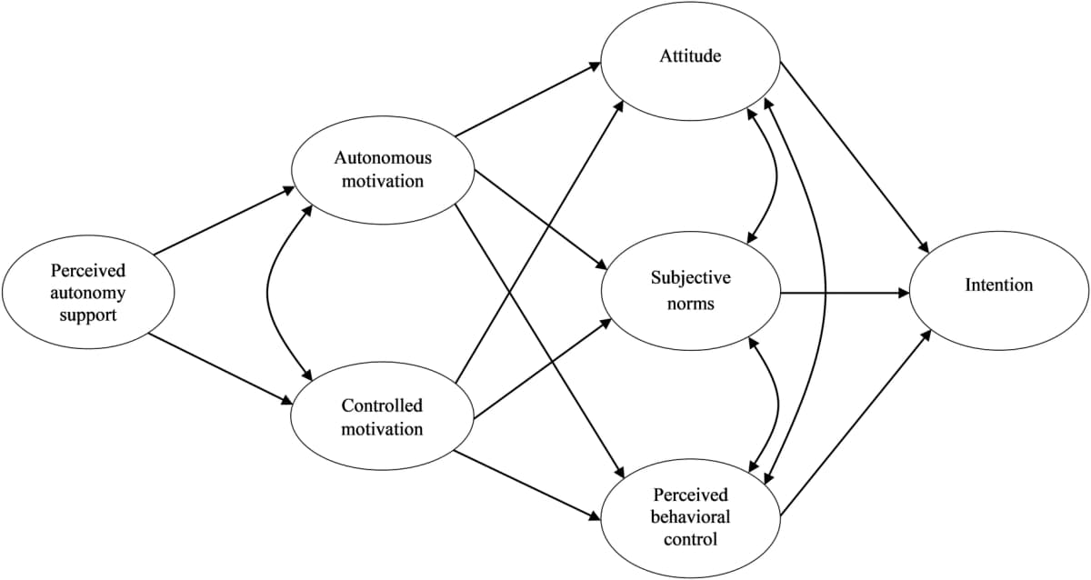 Hypothesized integrated model linking autonomy support, motivation, belief constructs and intention, Figure 1 by Pasi and colleagues, CC BY 4.0