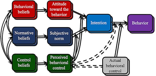 Theory of Planned Behavior model: behavioral, normative, and control beliefs inform attitude, subjective norm, perceived behavioral control, intention, and behavior.