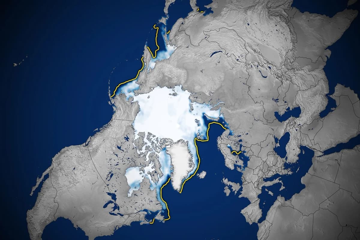 NASA map of March 2025 Arctic sea-ice extent and the historical median boundary; Lauren Dauphin, NASA Earth Observatory.