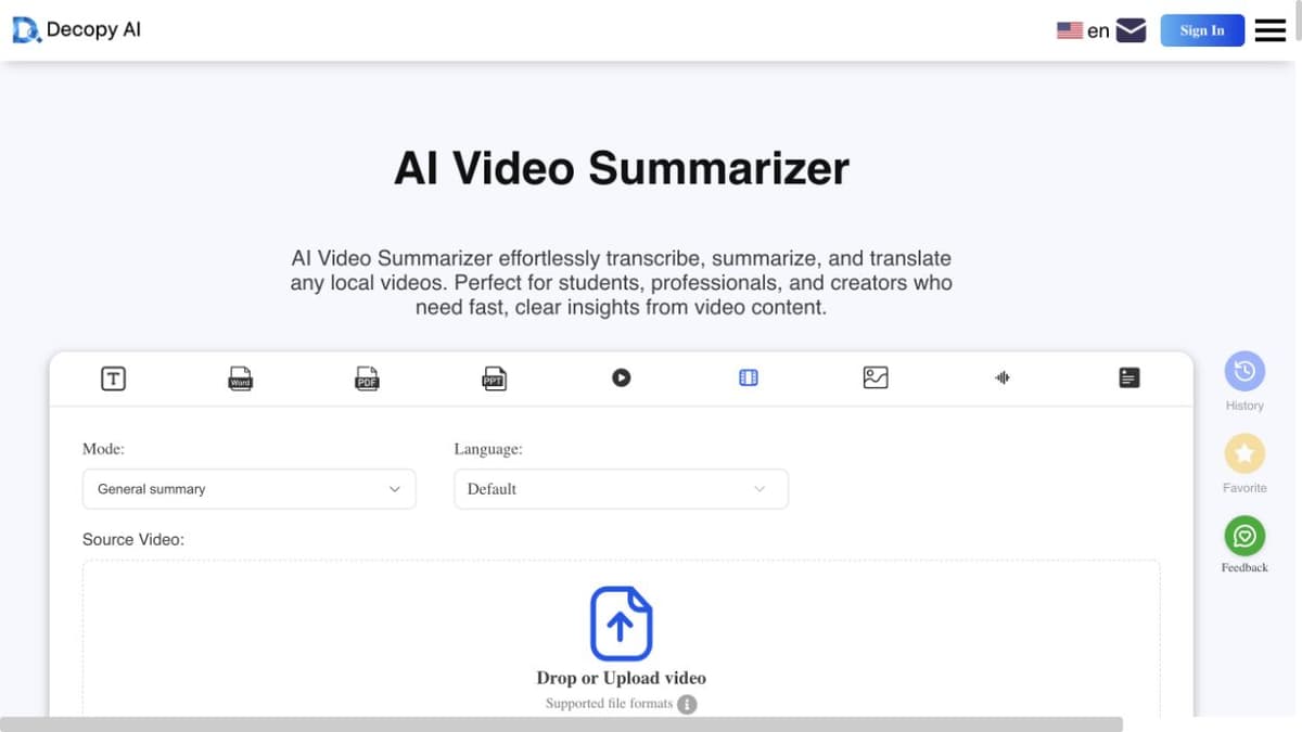Decopy Video Summarizer setup with the video input tab, General summary mode, language selector, and empty upload area.