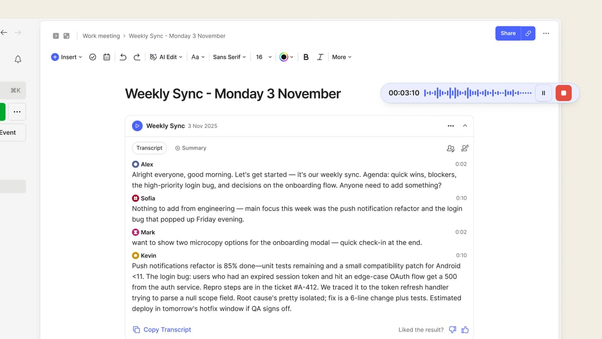Evernote meeting note with speaker-labeled transcript, recording controls, and Summary tab.