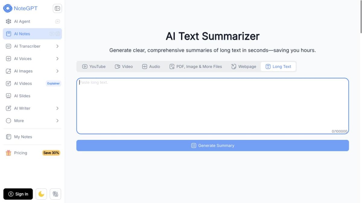 NoteGPT AI Text Summarizer with Long Text selected, an empty 0/100000 text area, and YouTube, Video, Audio, PDF/Image, and Webpage modes available.