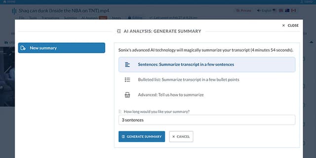 Sonix AI Analysis dialog with summary formats and length controls open over a transcript editor.