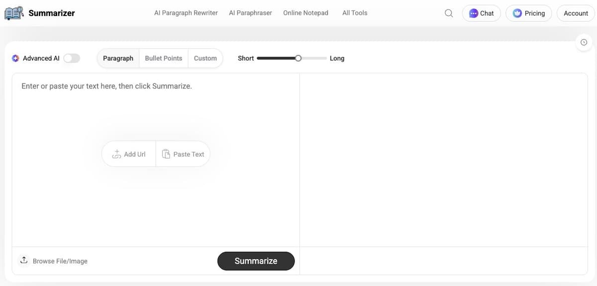 Summarizer.org text-summary setup with Paragraph, Bullet Points, Custom, summary-length, URL/text, and file/image controls; input and output are empty.