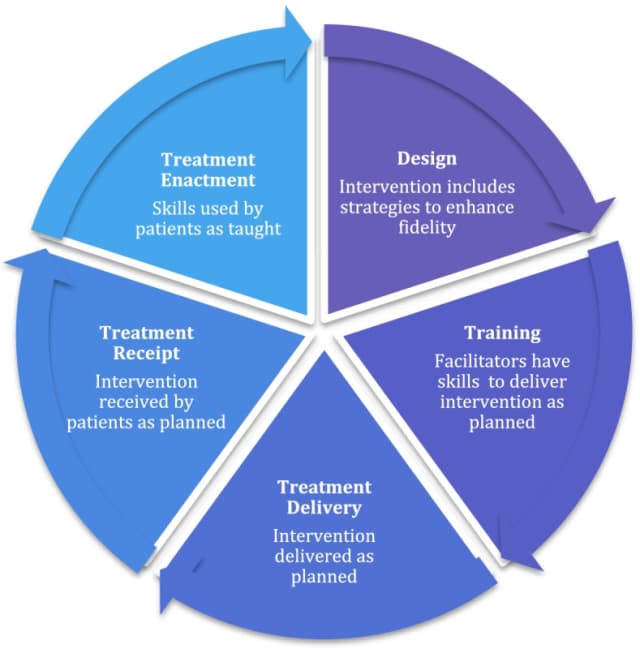 Five fidelity domains arranged in a cycle, from design and training through delivery, receipt and enactment