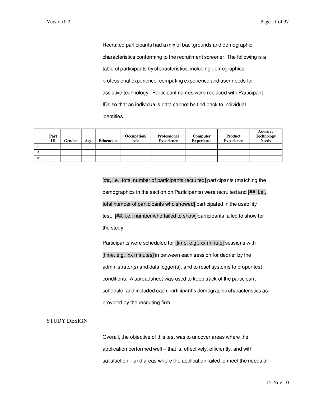 NIST report template page with a blank participant-characteristics table and guidance to replace names with participant IDs.