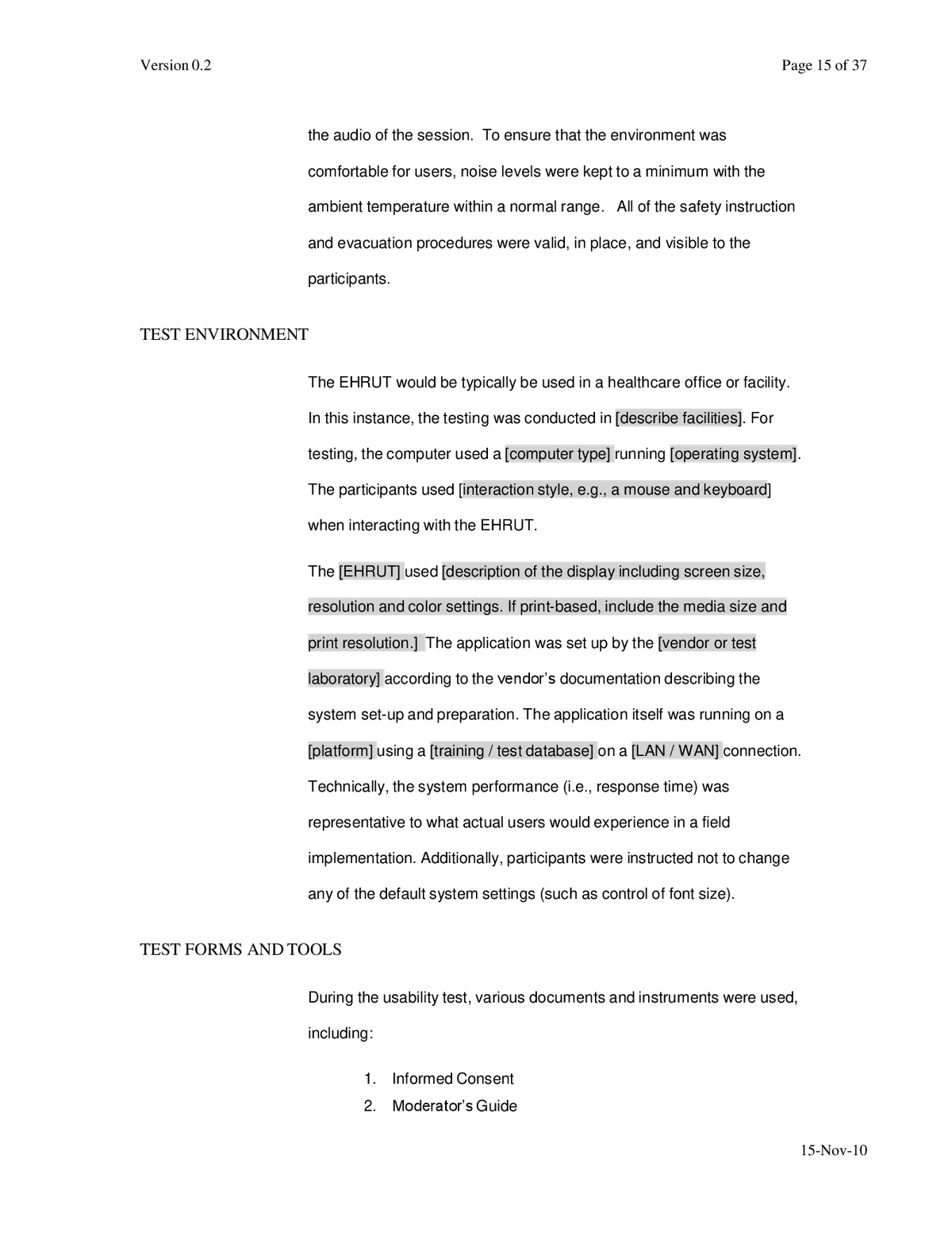 NIST Common Industry Format template fields for test location, computer type, operating system, display, platform, and test database.