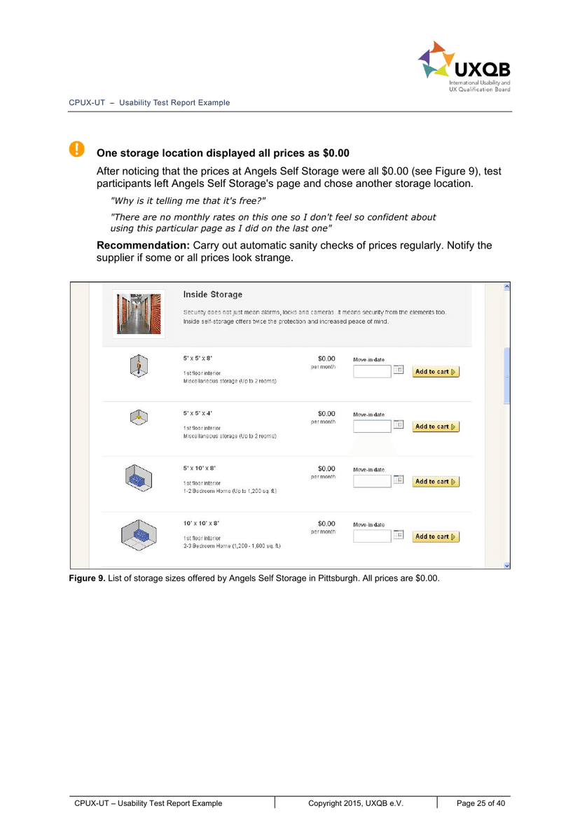Page 25 of the UXQB usability-test report example showing a 2011 U-Haul price-display finding, participant comments, recommendation, and source screenshot.