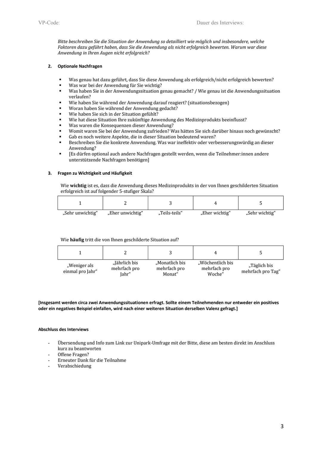 Published German interview-guide page with optional probes, rating questions, and closing steps.