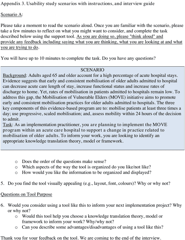 Excerpt from a published task-based usability interview guide. A timed think-aloud scenario is followed by post-task tool-purpose questions and follow-up prompts.