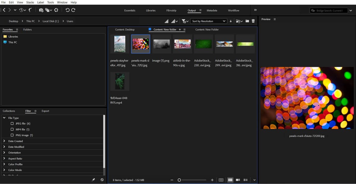 Adobe Bridge workspace showing folder navigation, content thumbnails, file filters, a preview panel, and the Metadata workspace tab.