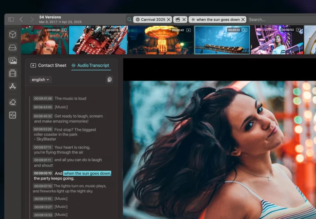 Peakto video library with search filters, clip thumbnails, and a selected video beside its time-coded transcript.