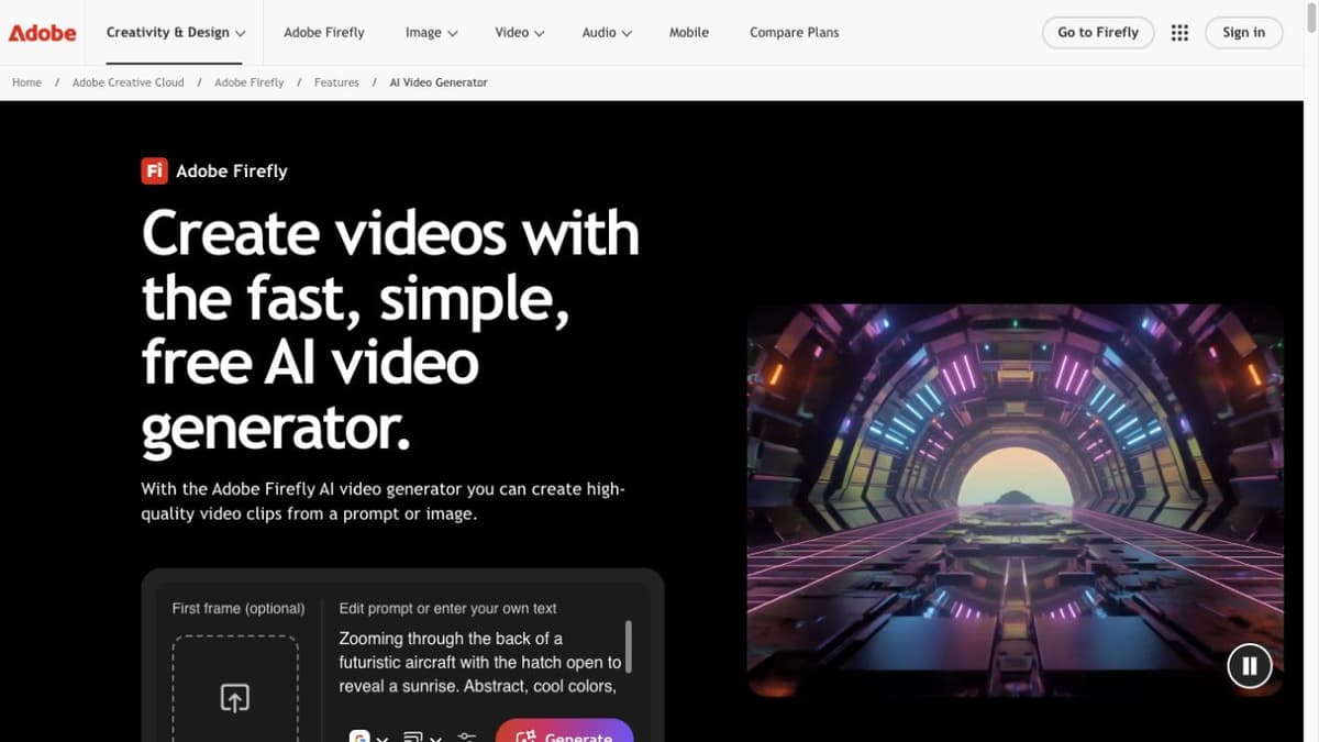 Adobe Firefly's official page shows a video prompt, generation settings, and preview.