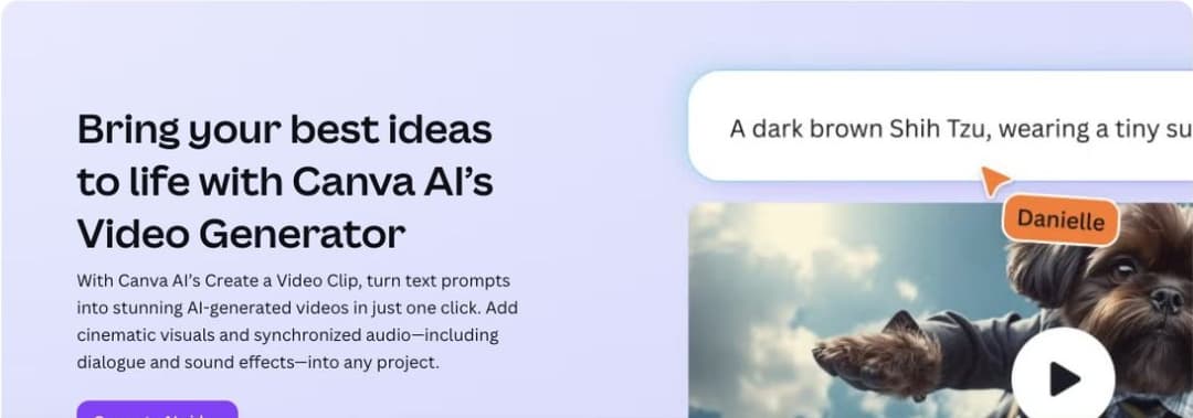 Canva's official video-generator page pairs a text prompt with an example clip.