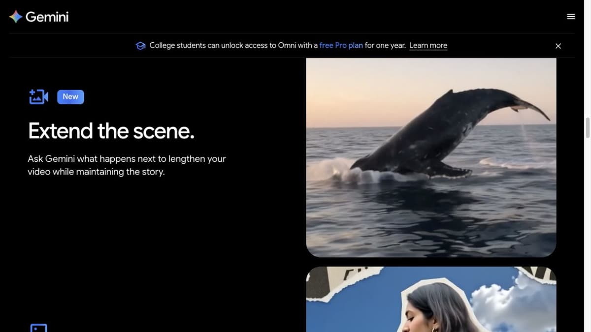 Google's Gemini page shows a video example in its scene-extension section.