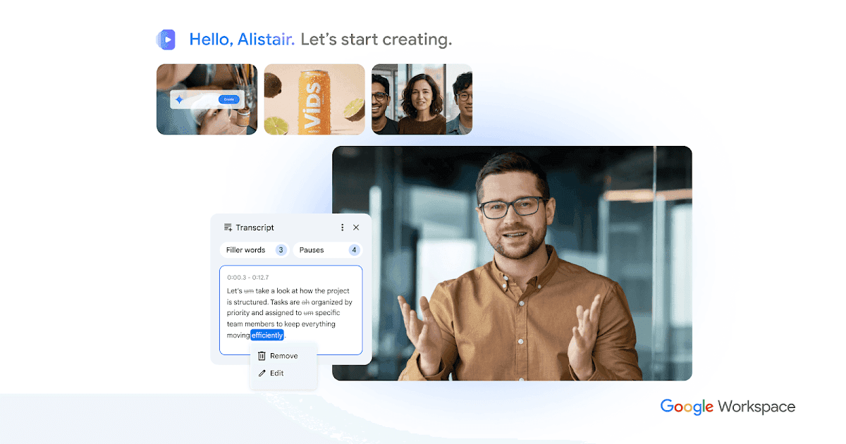 Google Vids editor showing a video canvas beside transcript-based editing controls.