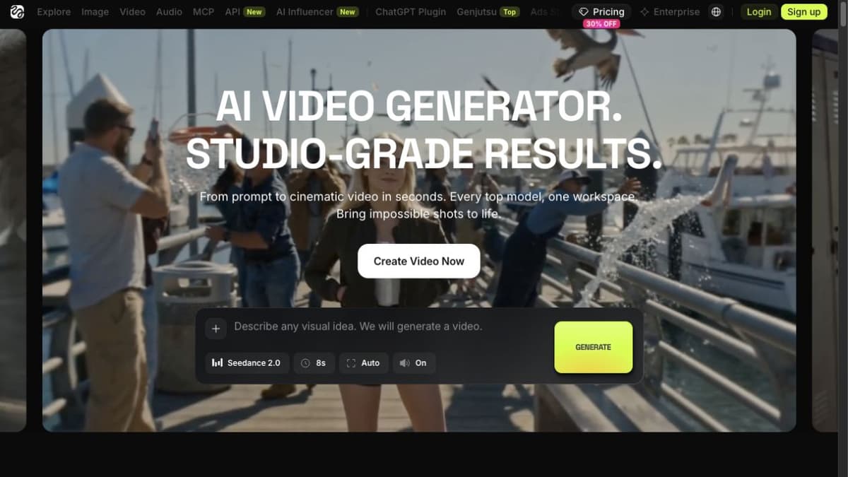 Higgsfield's official page shows prompt-to-video options below a preview.