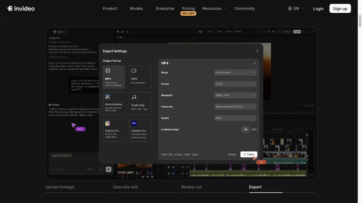 Invideo's official product walkthrough shows an export settings panel over a video timeline.