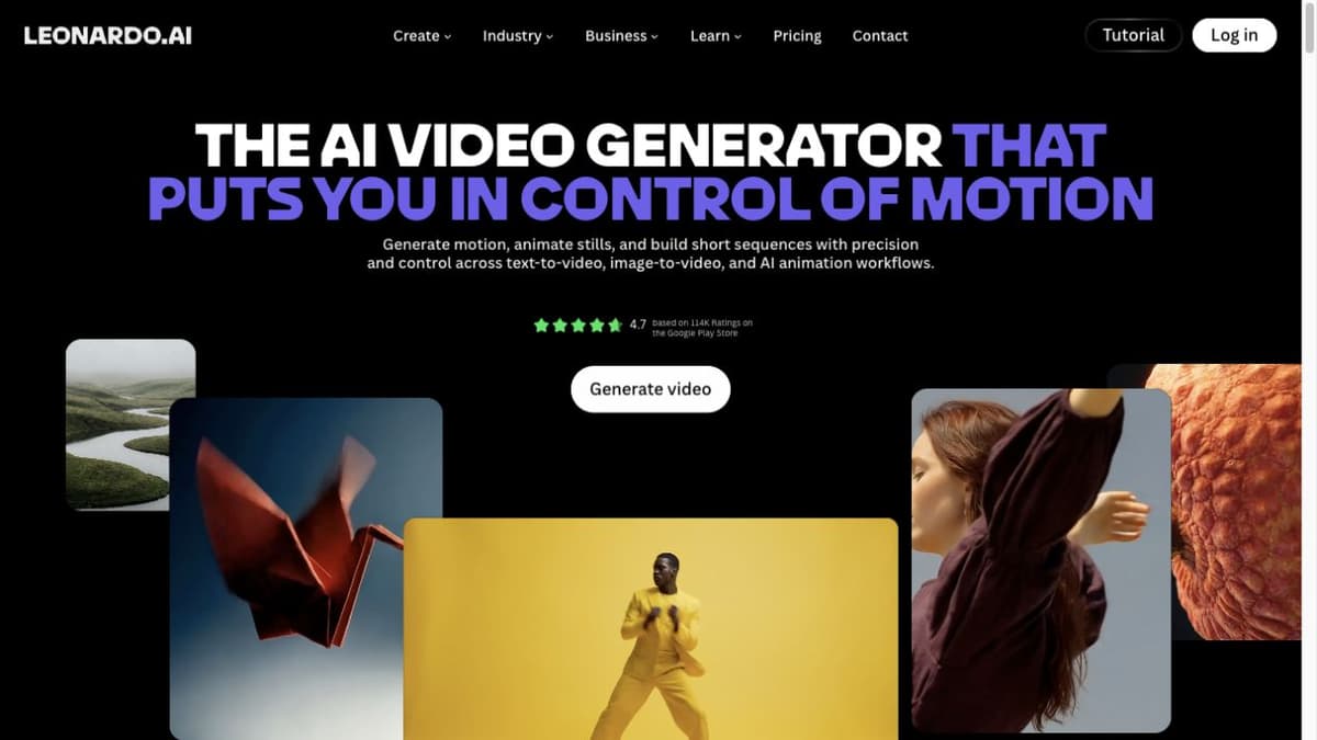 Leonardo's official video-generator page presents examples of motion and animation.