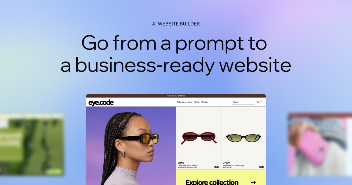 Wix AI Website Builder example showing a prompt-generated eyewear storefront.
