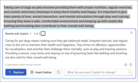 Microsoft Copilot in Word showing selected text, a rewritten paragraph, and controls to replace or insert the result.