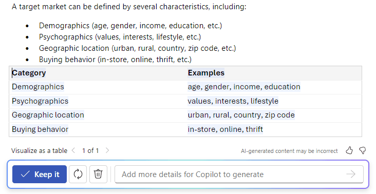 Microsoft Copilot in Word converting a bulleted list into a two-column table, with controls to keep, regenerate, or discard it.