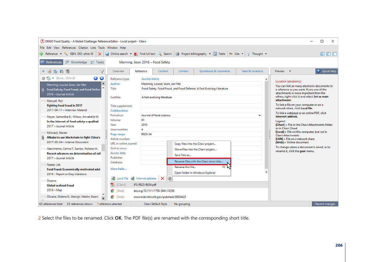 Citavi 6 reference editor with its reference list, fields, attachments, and quick-help panel.