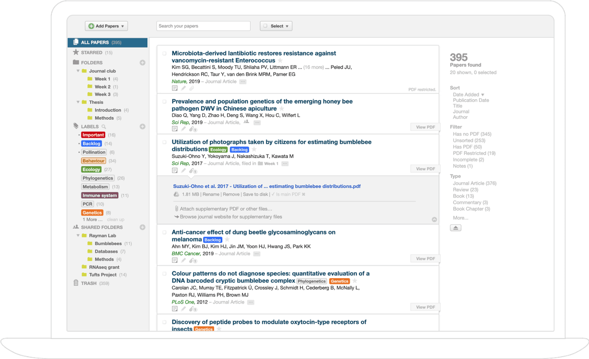 Official Paperpile browser library screenshot showing folders, labels, paper rows, and PDF attachments