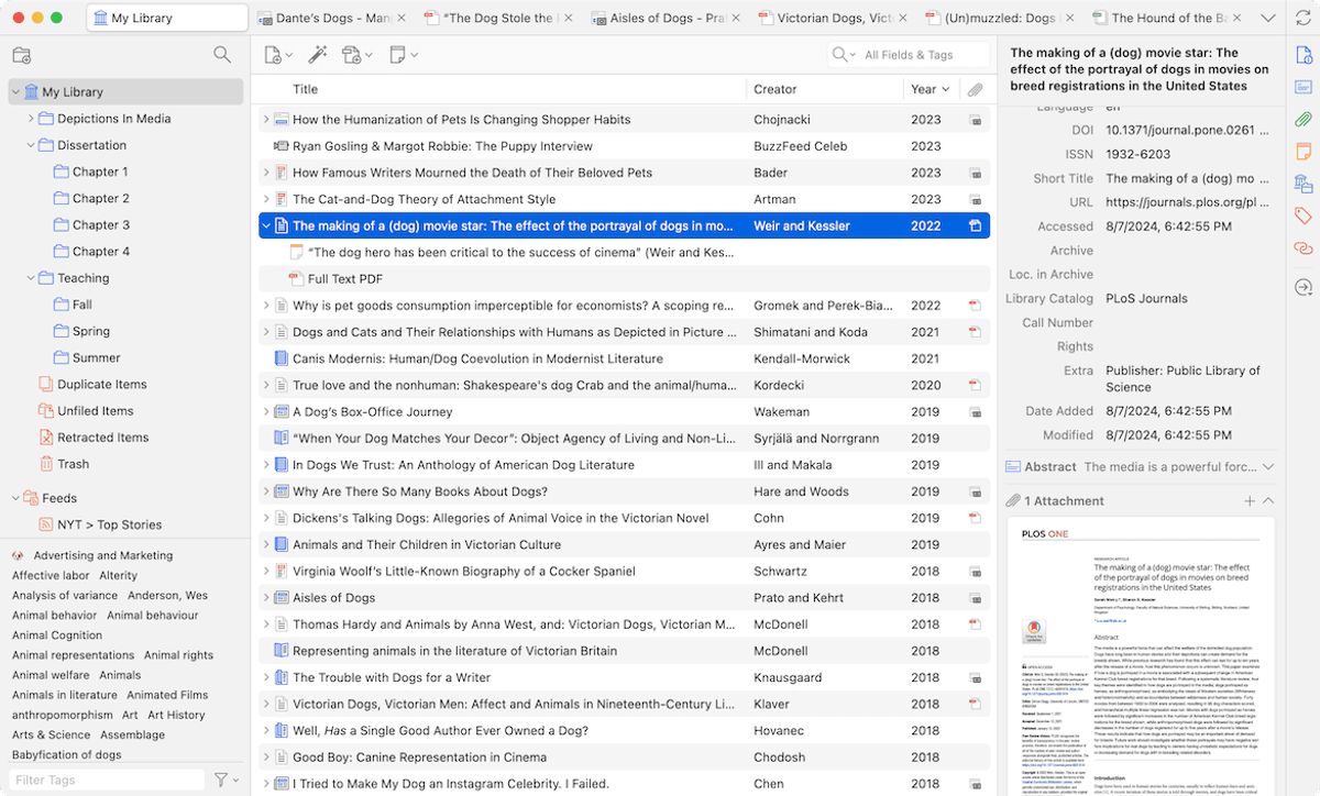 Official screenshot of the Zotero 7 desktop library, showing collections, paper metadata, tags, and a PDF preview