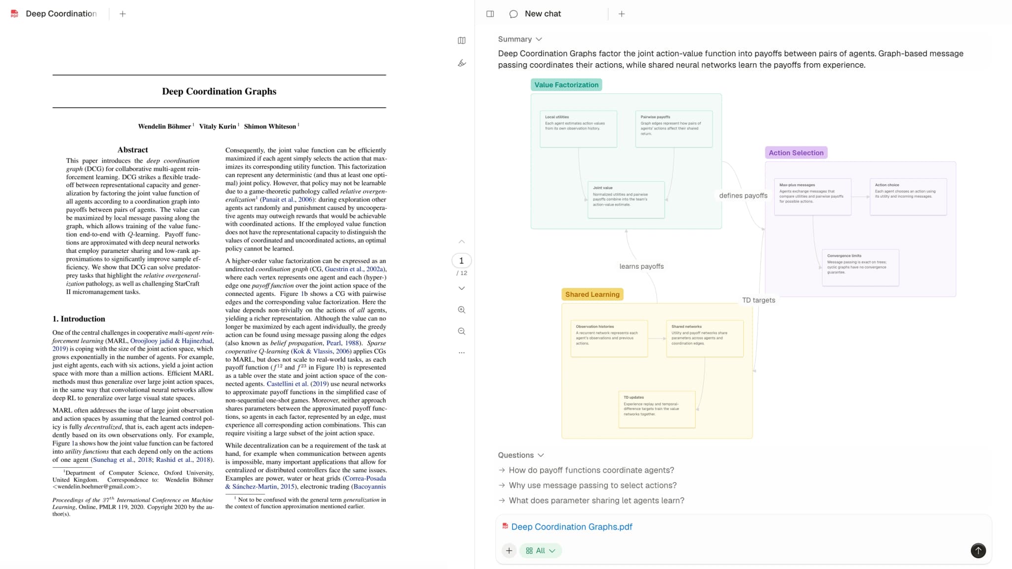 Atlas PDF reader alongside the paper’s knowledge map and chat