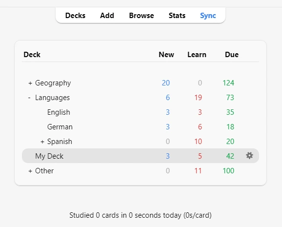 Anki deck list showing New, Learn, and Due card counts.