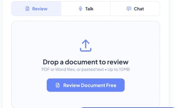 Justee’s public document-review screen with Review, Talk, and Chat modes and an upload action.