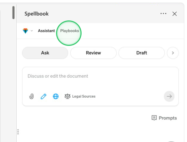 Spellbook Word side panel with Assistant and Playbooks controls and Ask, Review, and Draft modes.