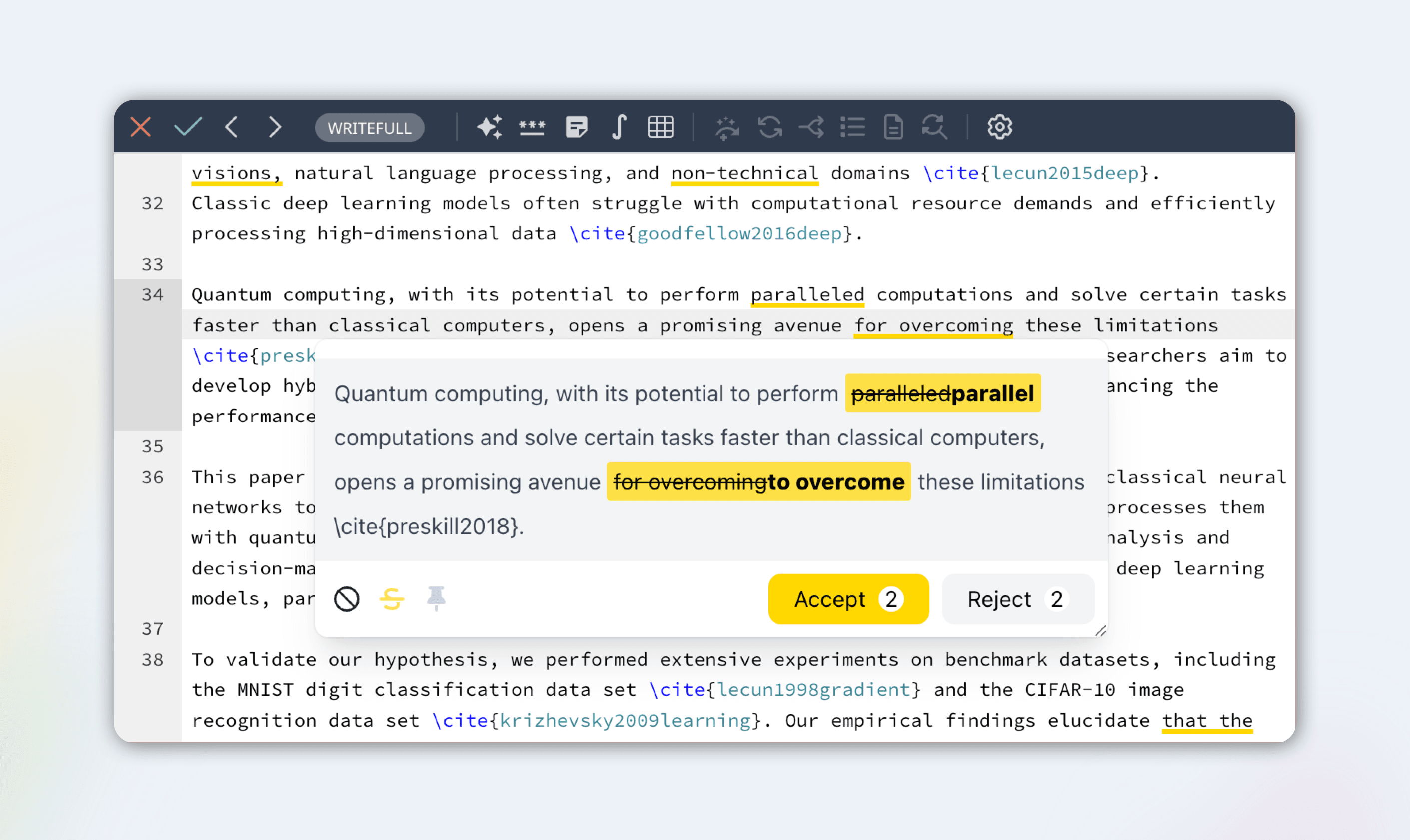 Writefull for Overleaf screenshot showing language suggestions on LaTeX manuscript text with accept and reject controls.