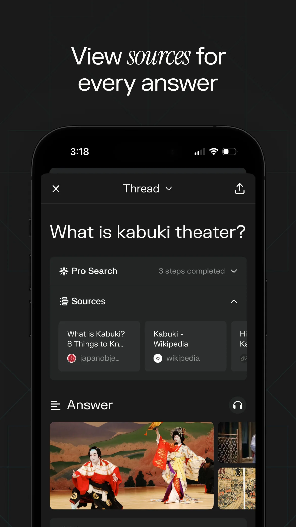 Perplexity Pro Search on a phone with the Sources panel expanded below a question about kabuki theatre.