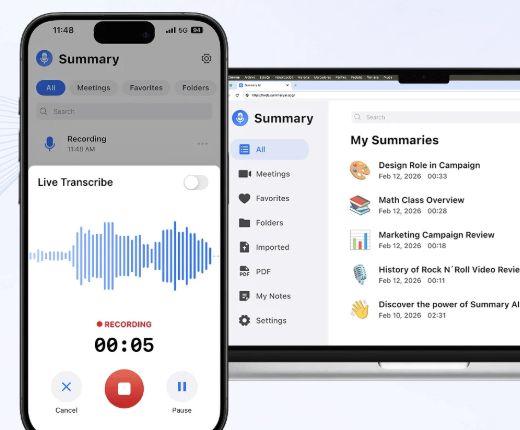 Summary AI product page showing a mobile live-transcription recorder beside a desktop list of meeting summaries.
