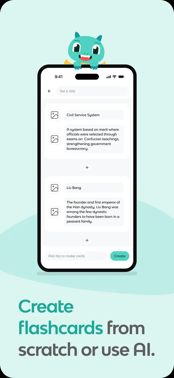 Knowt App Store screenshot showing a notes-to-flashcards phone workflow with a Create button.