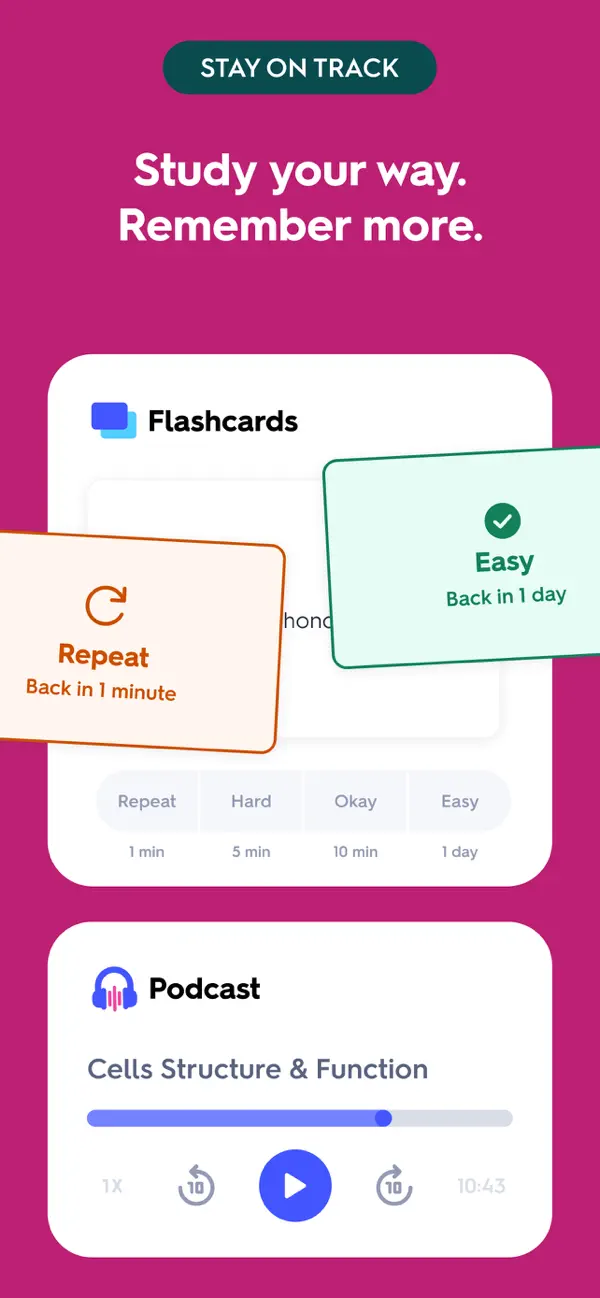 Quizlet App Store screenshot showing a review card with Repeat, Hard, Okay, and Easy intervals.