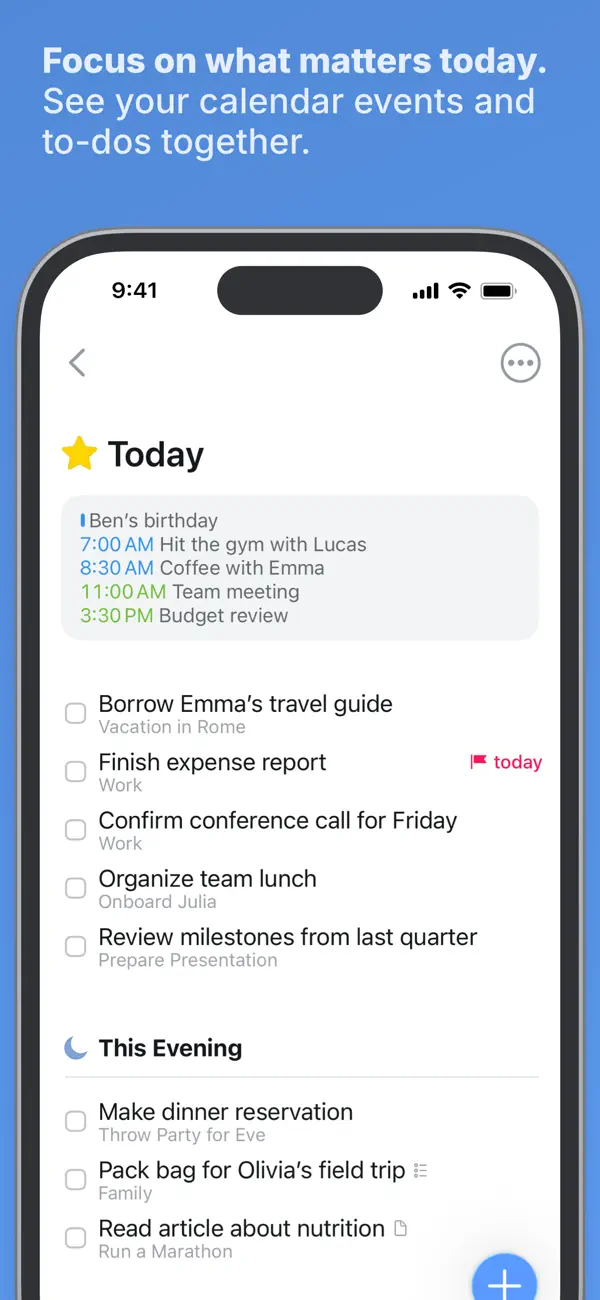 Things 3 App Store screenshot showing calendar events and tasks in the Today list on iPhone.