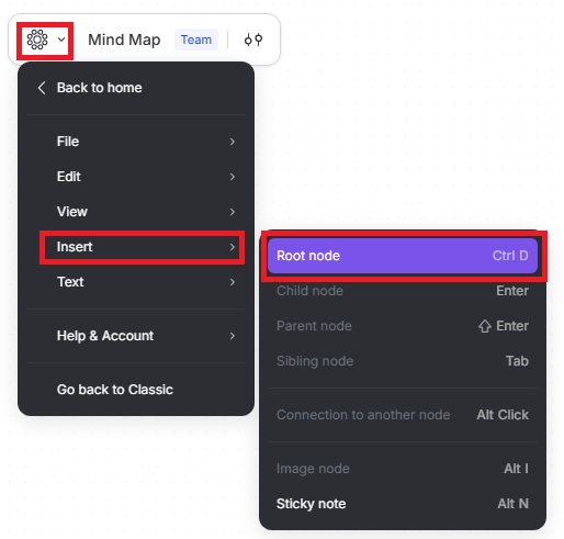 MindMup menu with Insert and Root node highlighted, alongside the Ctrl+D shortcut.