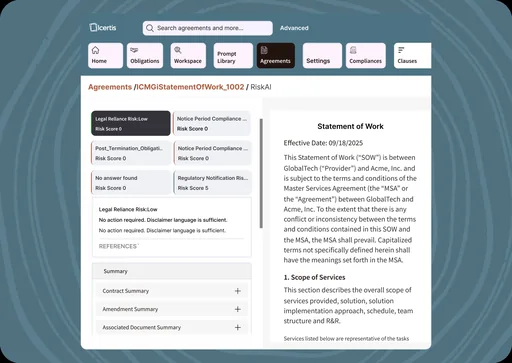 Icertis Vera Analytics Standard workspace showing risk-analysis results beside a statement-of-work contract.