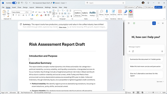 Copilot Chat open beside a Word risk-assessment report.