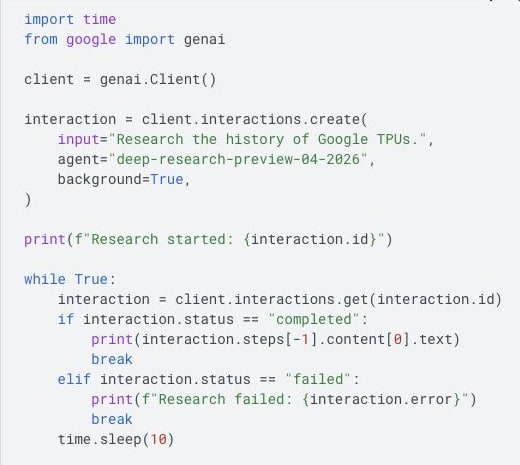 Google’s Gemini API Python example creating a Deep Research agent request in background mode and polling its status.
