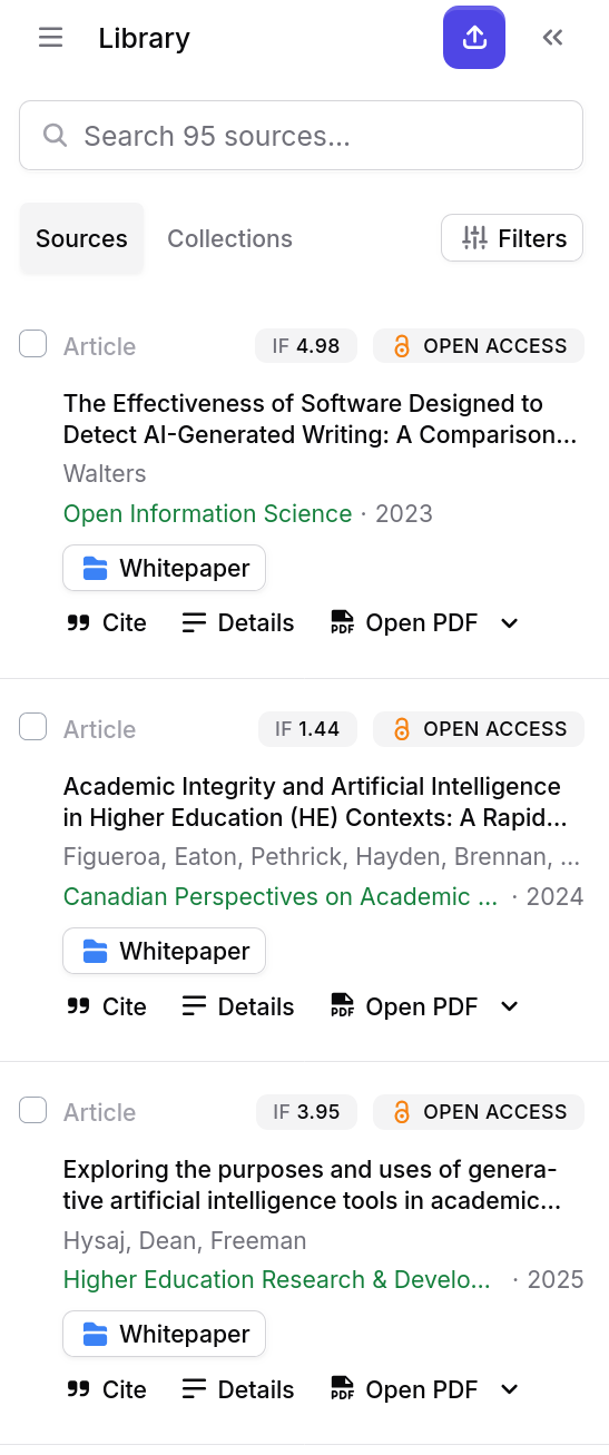 Screenshot of Jenni's Library showing source search, Sources and Collections tabs, a filter, and Cite, Details, and Open PDF actions.