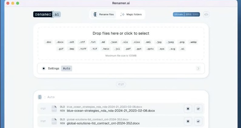 Renamer.ai demo interface showing original and suggested filenames with approval controls.