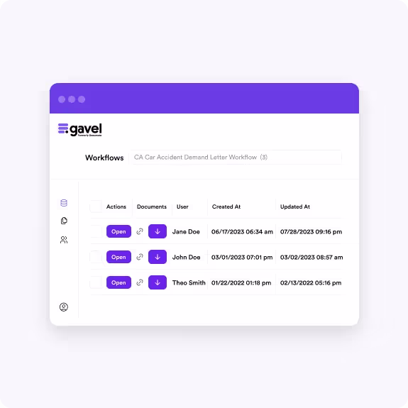 Gavel workflow dashboard with a car-accident demand-letter template and example workflow rows.