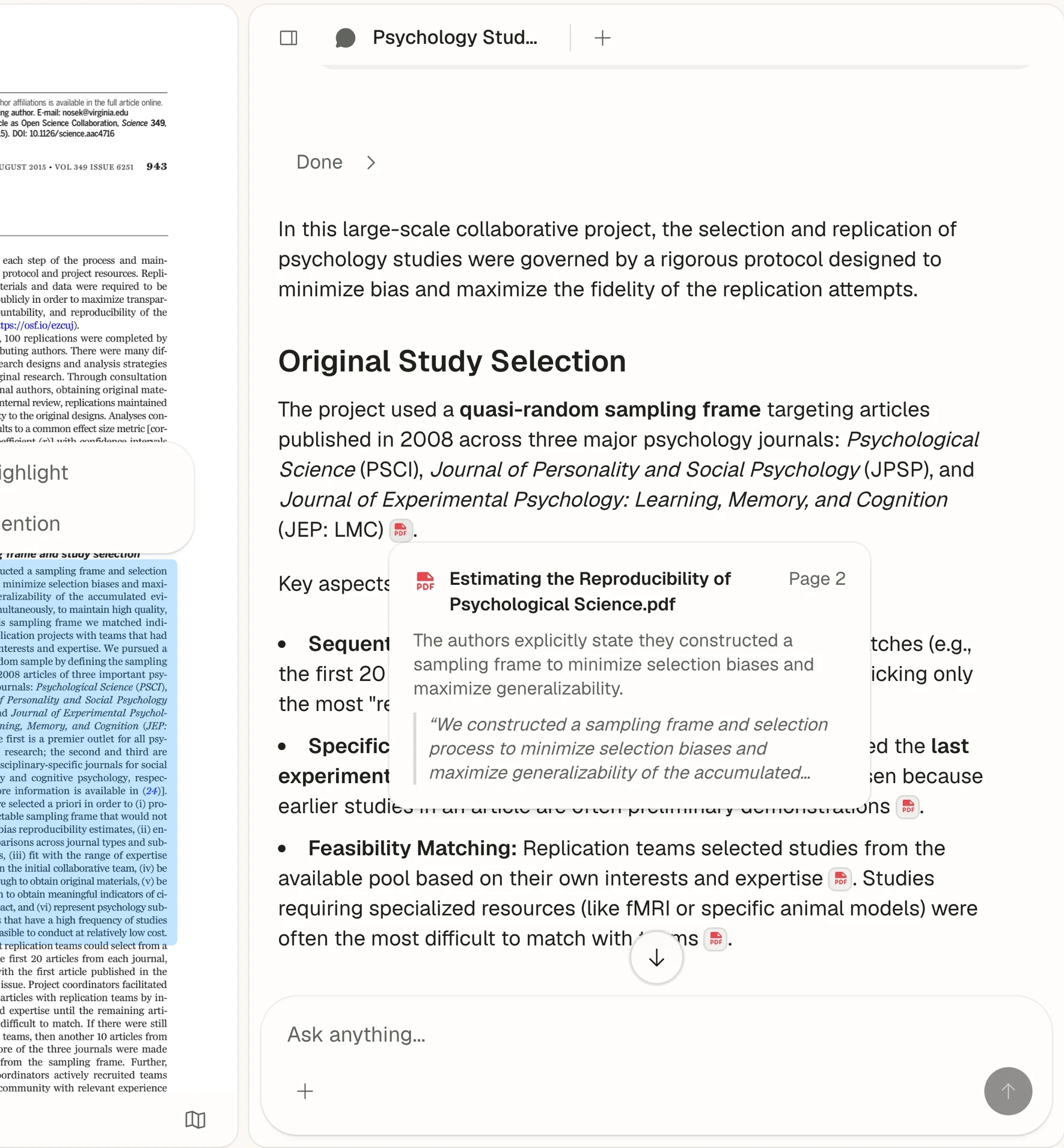 Atlas answer beside a passage from a psychology research paper, showing claim-source inspection.