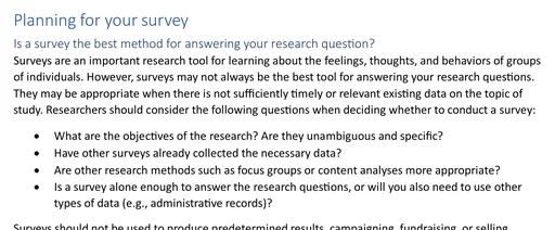AAPOR survey-planning checklist excerpt asking whether a survey is the best method for the research question.