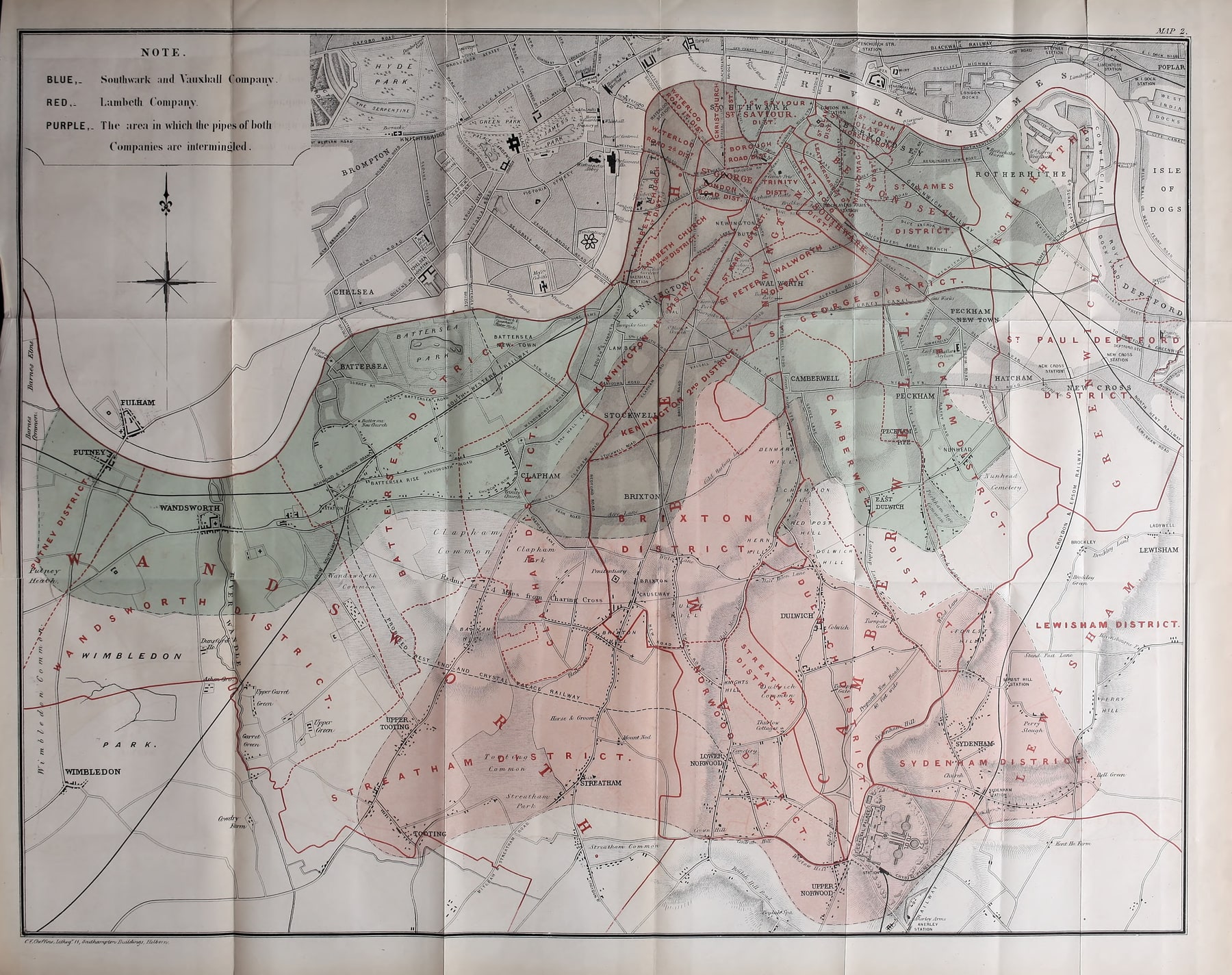 Map 2 in John Snow's 1855 account marks Lambeth's water-supply area in red, Southwark and Vauxhall's in blue, and their intermingled-pipe area in purple.